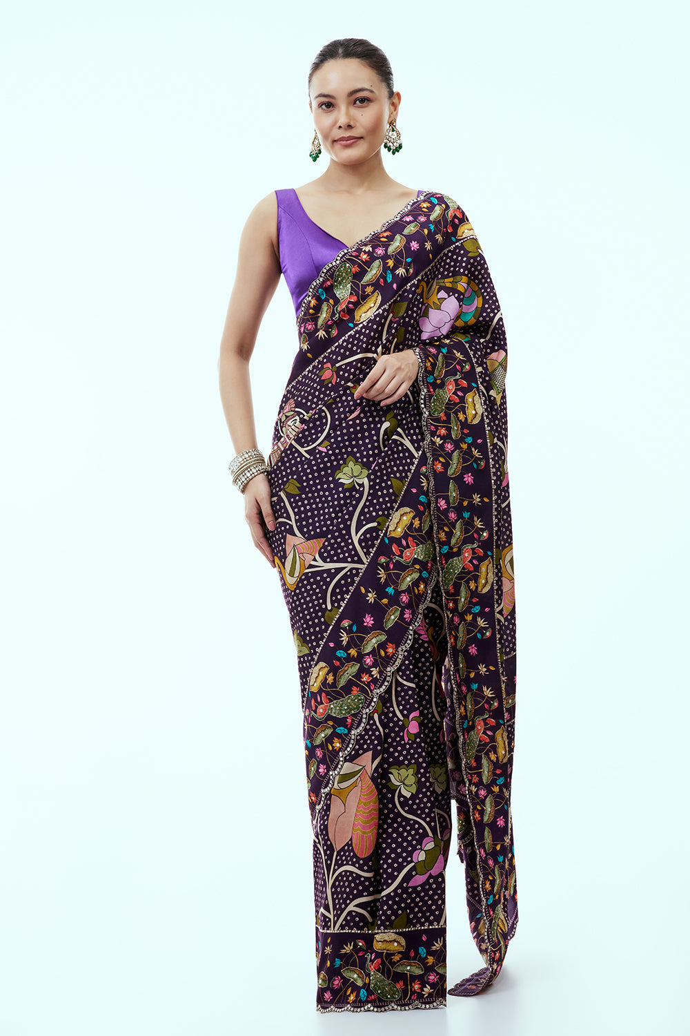 Purple Crepe Bandhani Print Saree with Nature Inspired Motifs