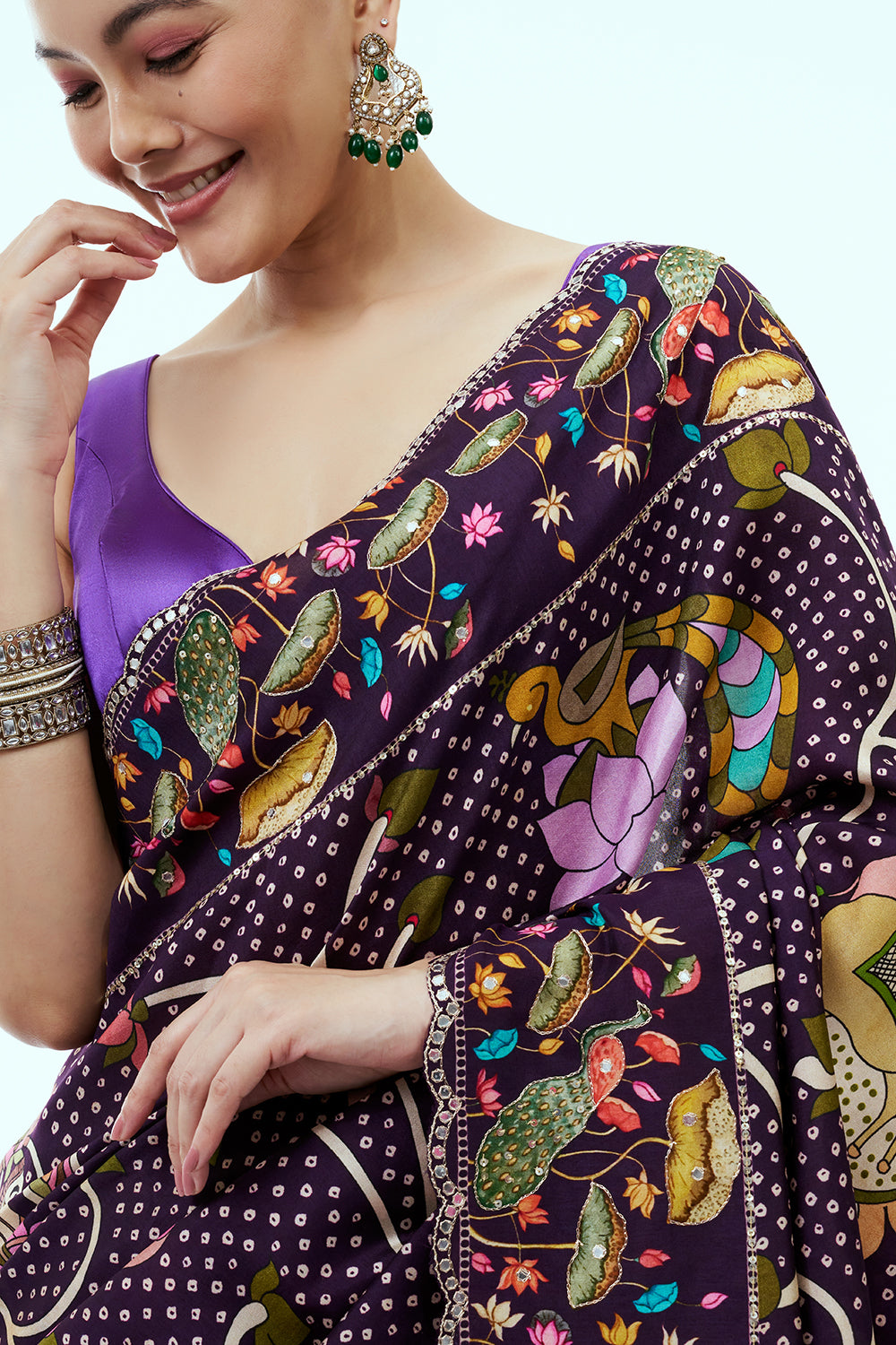 Purple Crepe Bandhani Print Saree with Nature Inspired Motifs