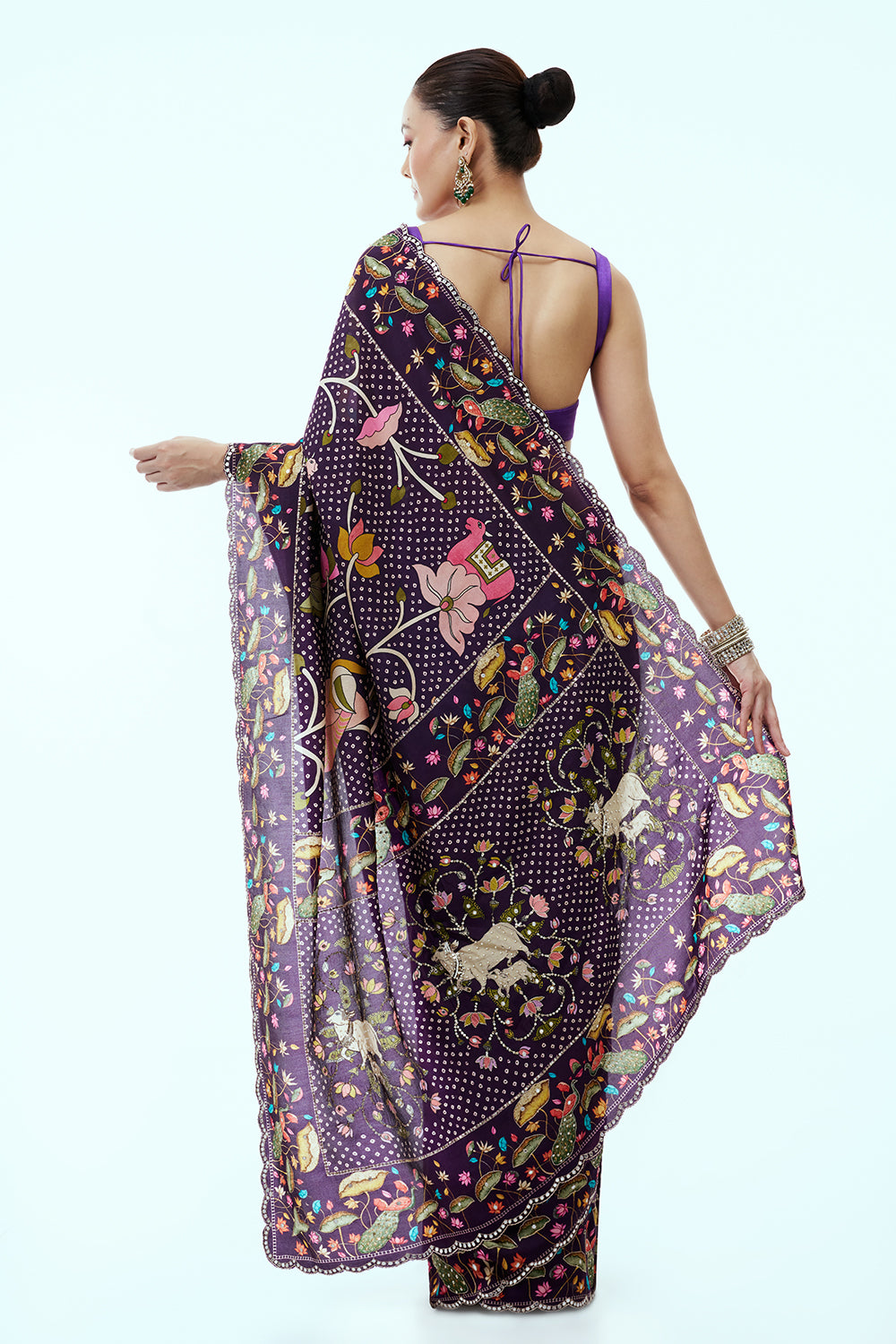 Purple Crepe Bandhani Print Saree with Nature Inspired Motifs