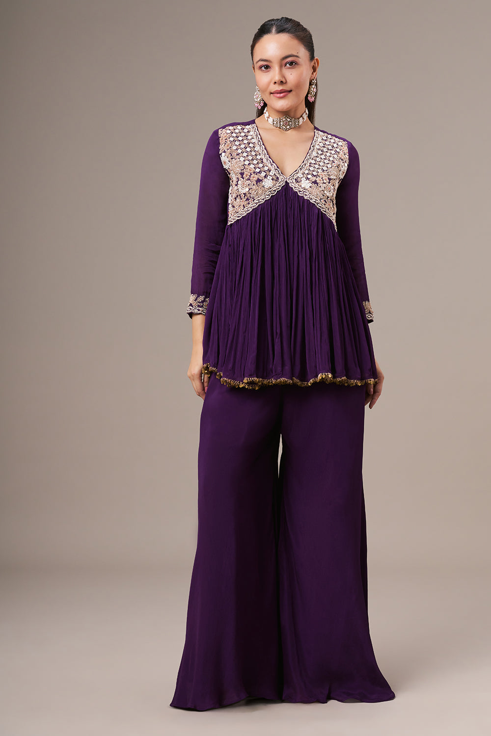 Purple Chinon Coord Set with Resham and Zardosi Work