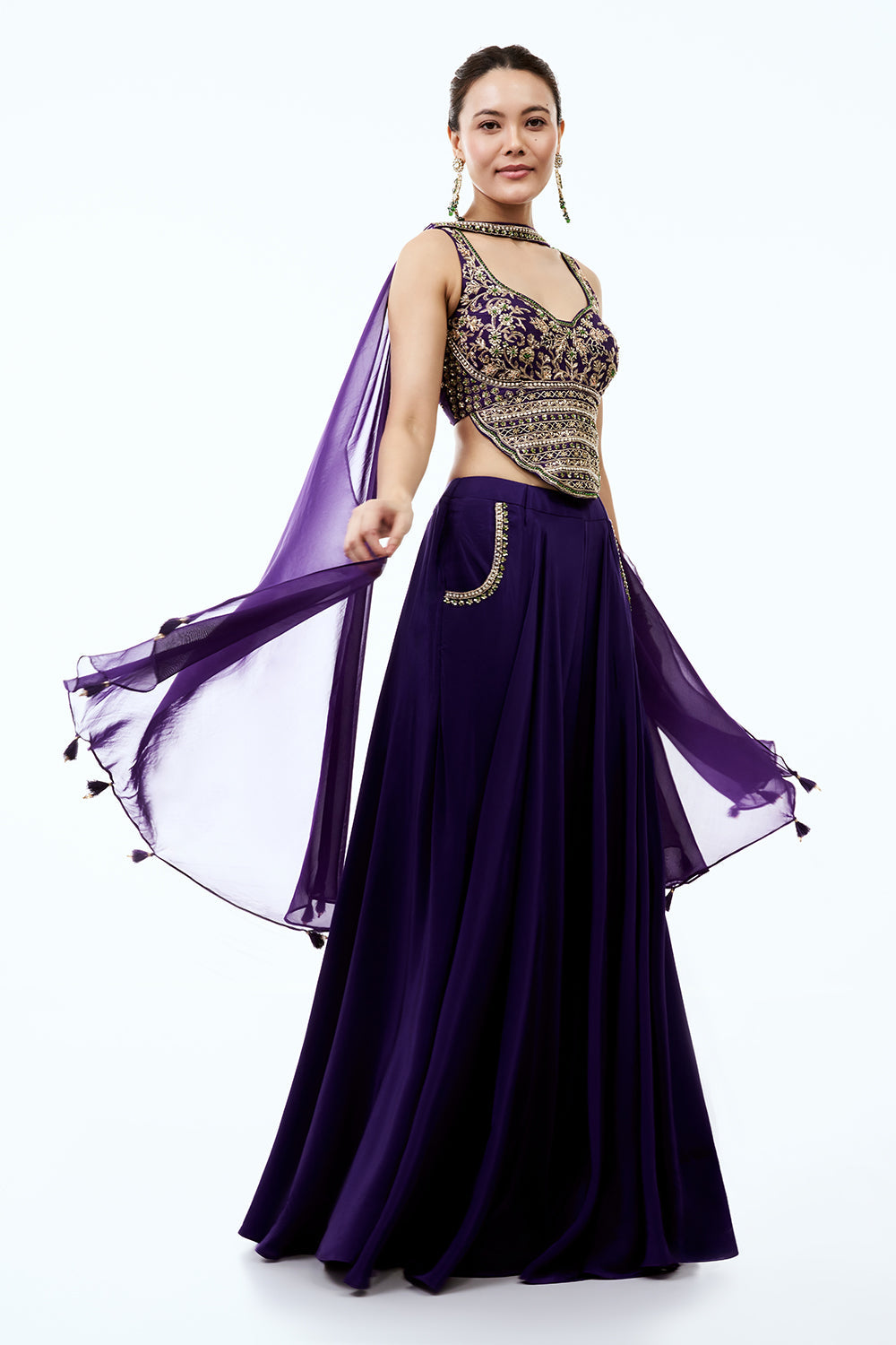 Purple Crepe Assymetrical Indo Western Set With Pearl and Zardosi Work