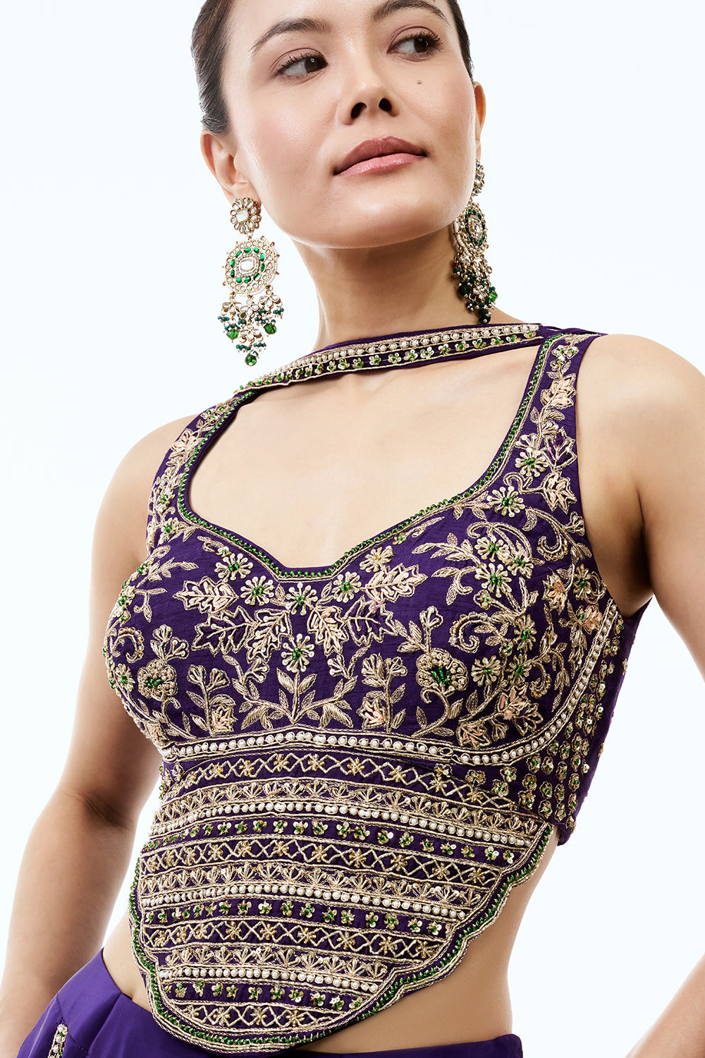 Purple Crepe Assymetrical Indo Western Set With Pearl and Zardosi Work