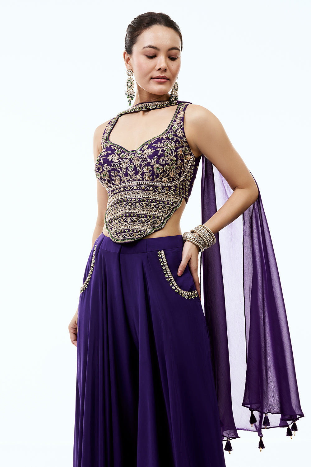 Purple Crepe Assymetrical Indo Western Set With Pearl and Zardosi Work