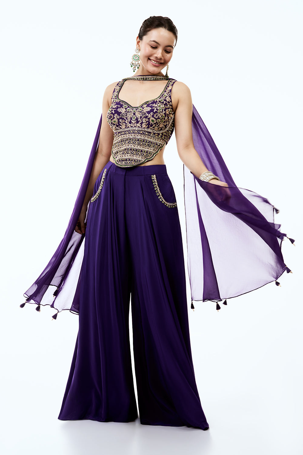 Purple Crepe Assymetrical Indo Western Set With Pearl and Zardosi Work