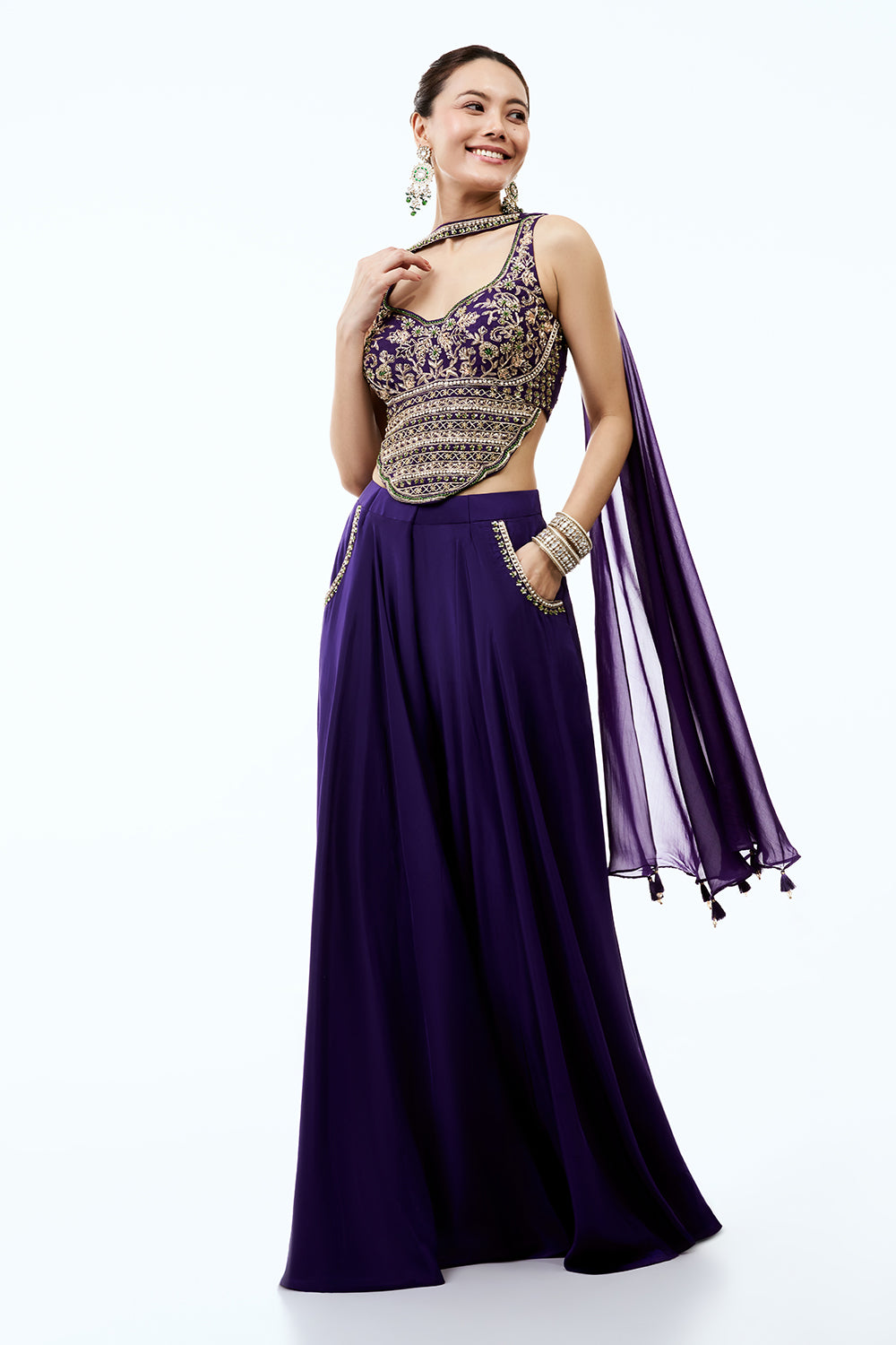 Purple Crepe Assymetrical Indo Western Set With Pearl and Zardosi Work