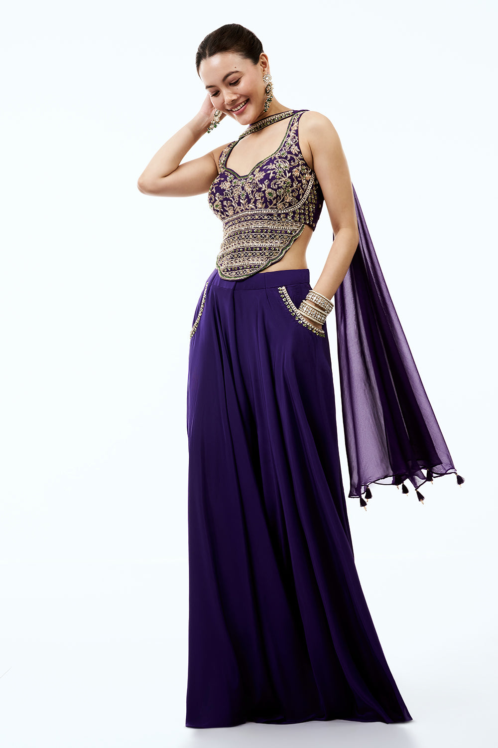 Purple Crepe Assymetrical Indo Western Set With Pearl and Zardosi Work