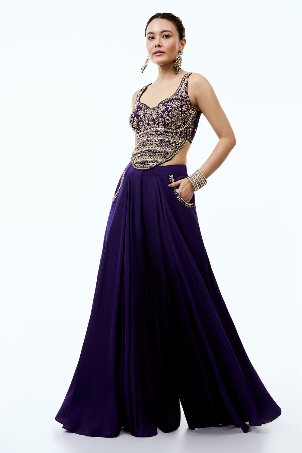 Purple Crepe Assymetrical Indo Western Set With Pearl and Zardosi Work