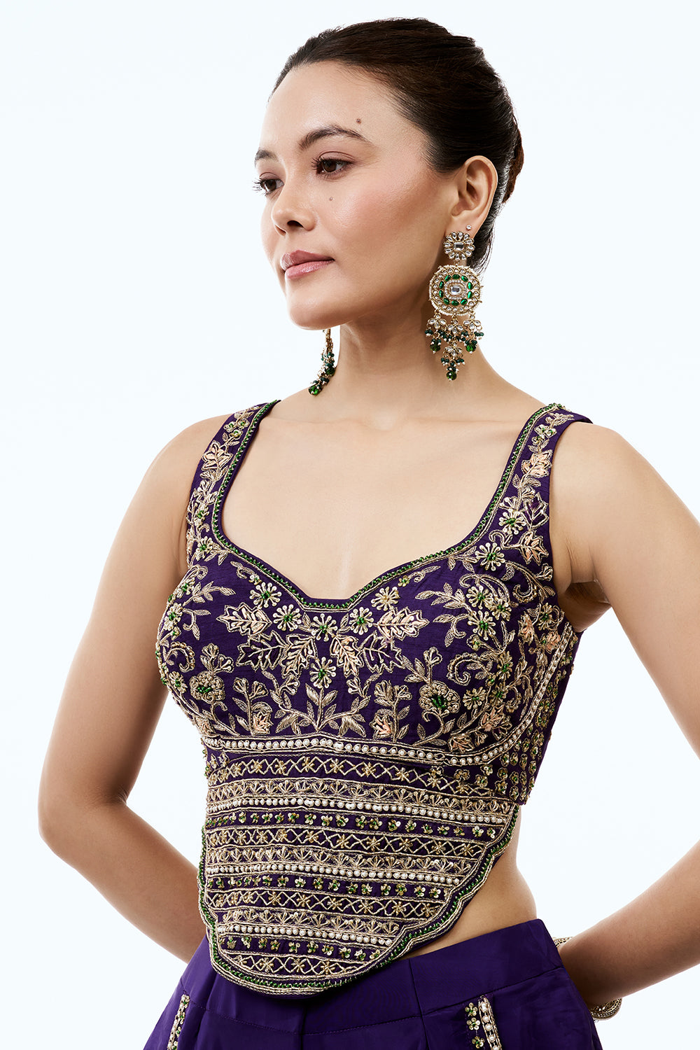 Purple Crepe Assymetrical Indo Western Set With Pearl and Zardosi Work