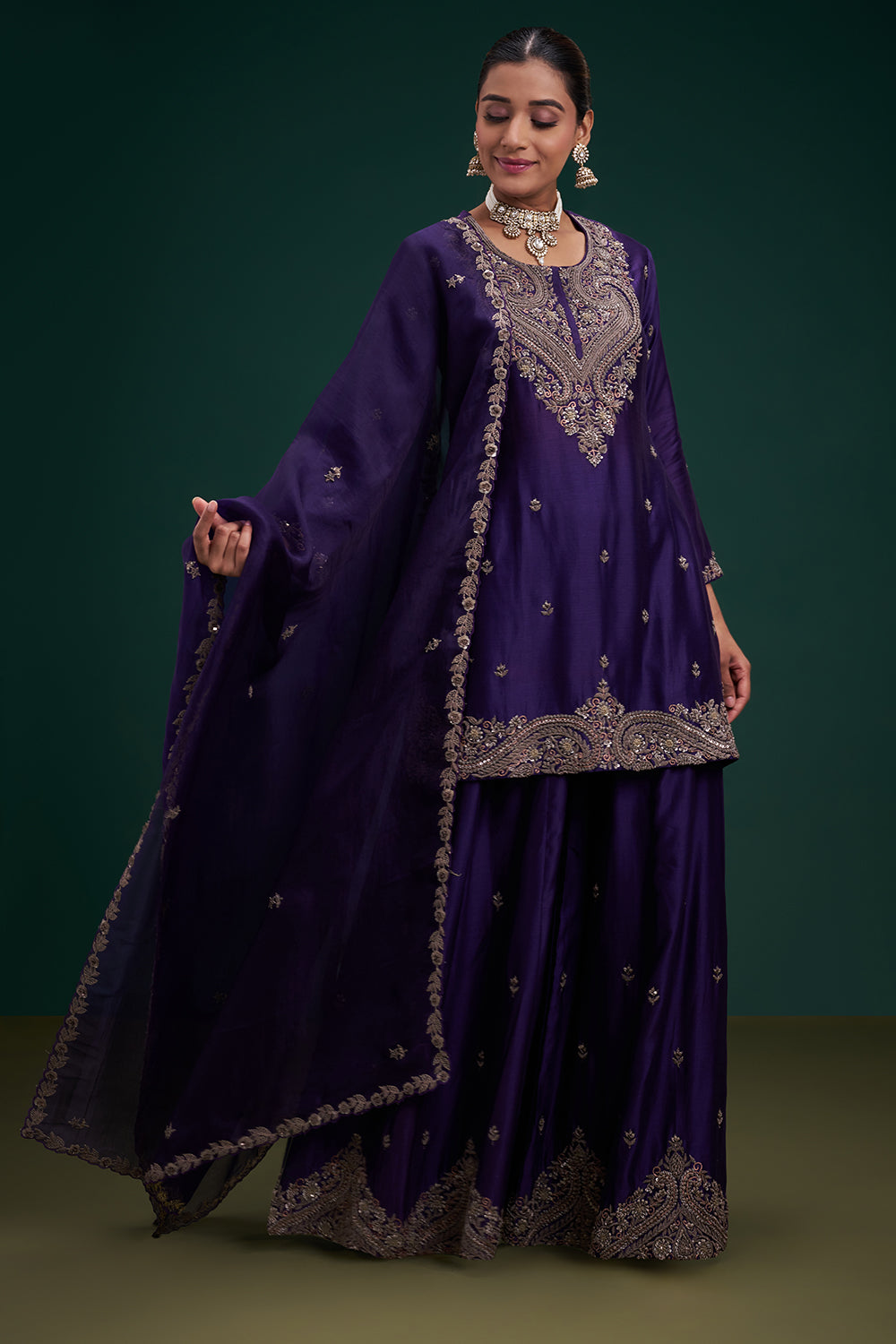 Purple Dupion Pure Silk Sharara Suit with Zardozi Indian Motifs