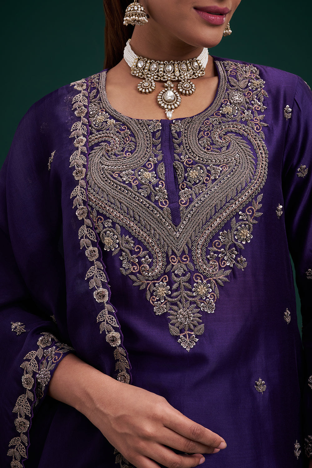 Purple Dupion Pure Silk Sharara Suit with Zardozi Indian Motifs