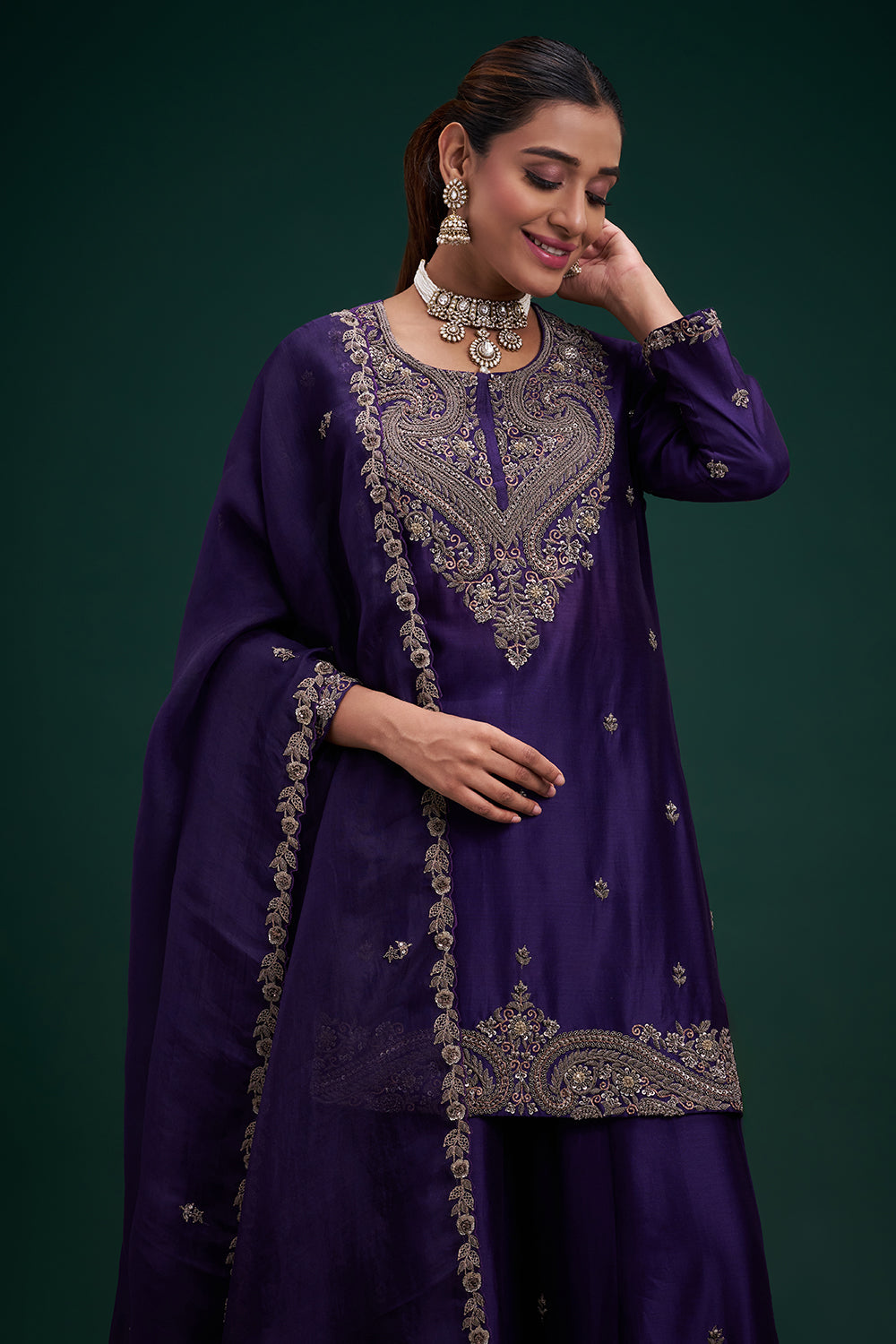 Purple Dupion Pure Silk Sharara Suit with Zardozi Indian Motifs