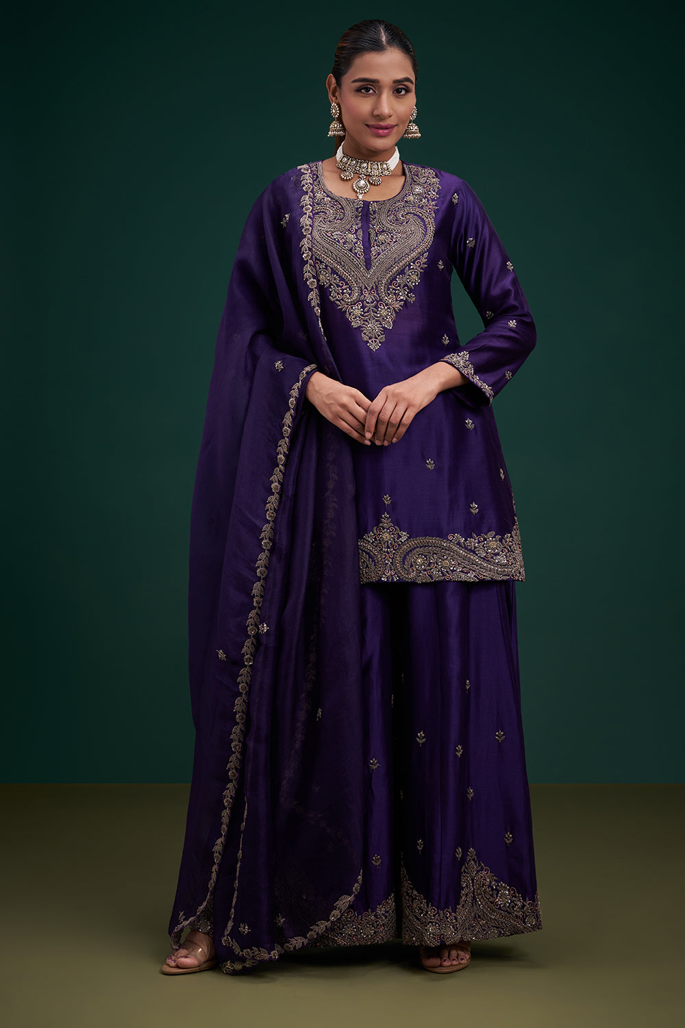 Purple Dupion Pure Silk Sharara Suit with Zardozi Indian Motifs