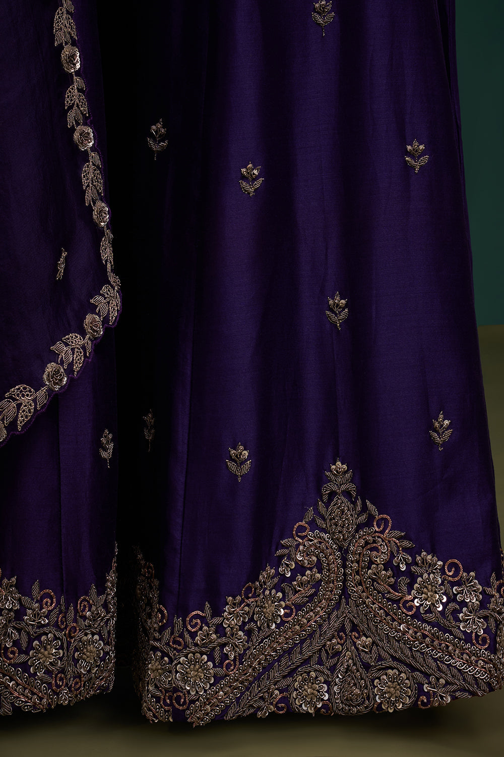 Purple Dupion Pure Silk Sharara Suit with Zardozi Indian Motifs