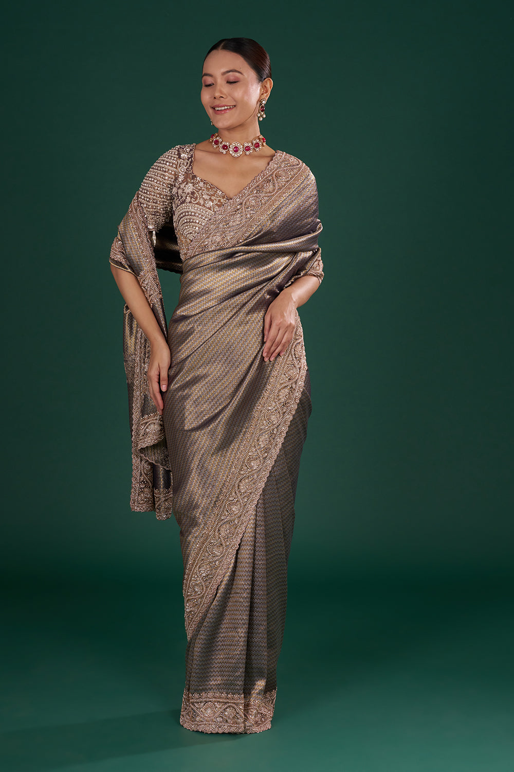 Metallic Purple Shimmer Zari Brocade Saree with Rose Gold Cutdana Embroidery and Unstitched Blouse