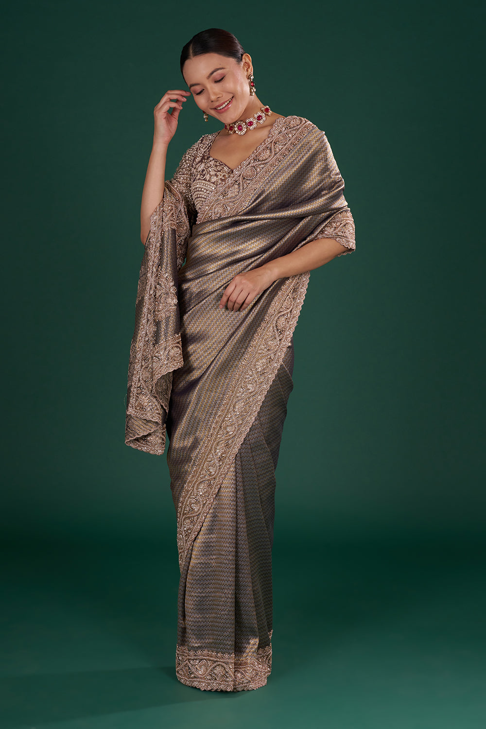 Metallic Purple Shimmer Zari Brocade Saree with Rose Gold Cutdana Embroidery and Unstitched Blouse