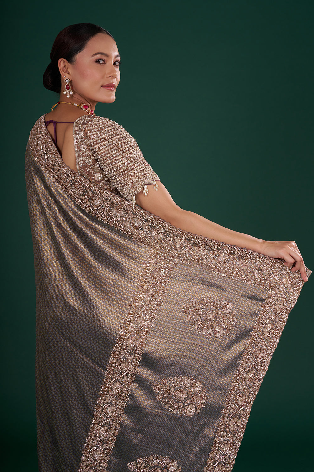Metallic Purple Shimmer Zari Brocade Saree with Rose Gold Cutdana Embroidery and Unstitched Blouse
