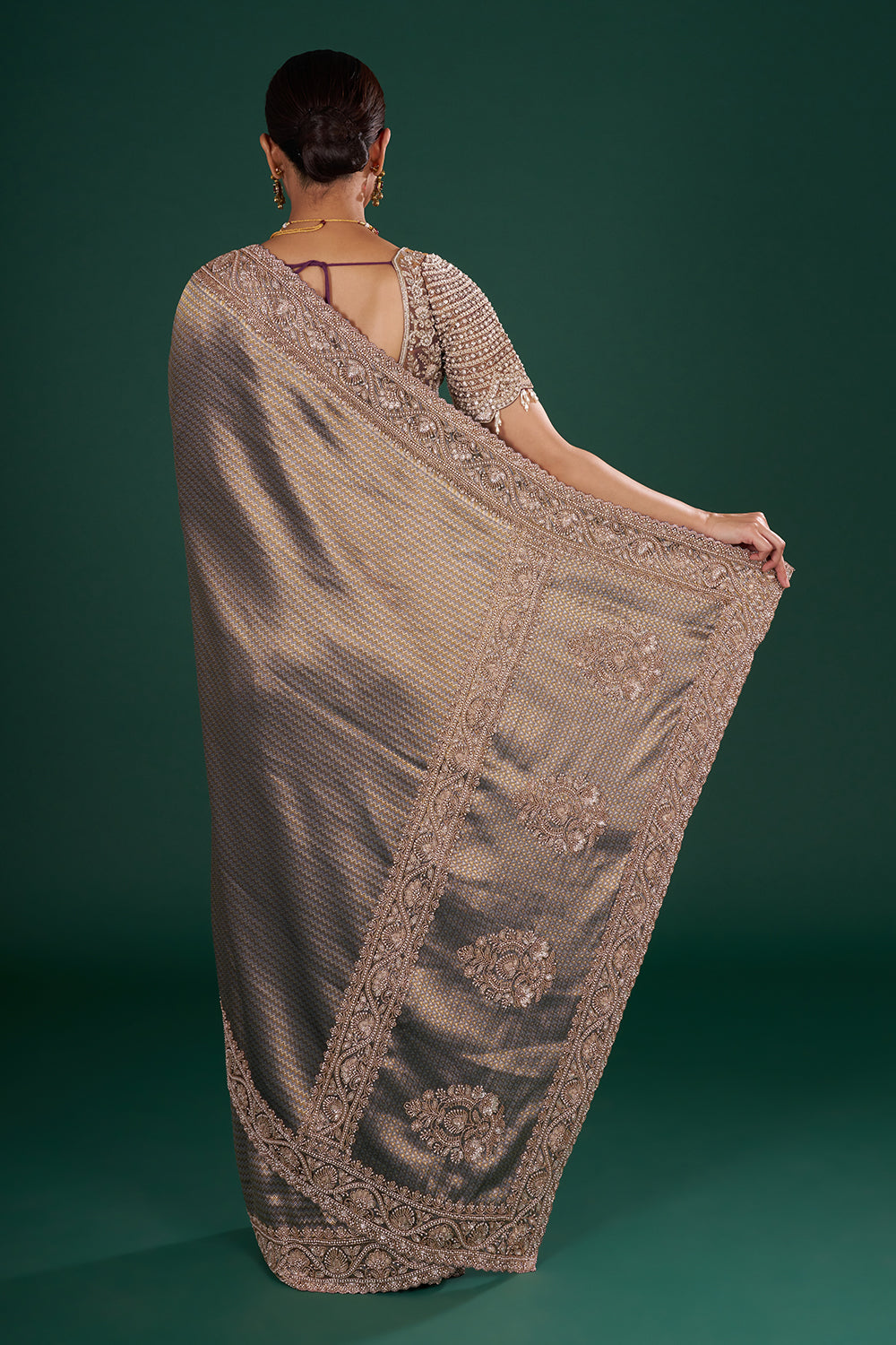Metallic Purple Shimmer Zari Brocade Saree with Rose Gold Cutdana Embroidery and Unstitched Blouse