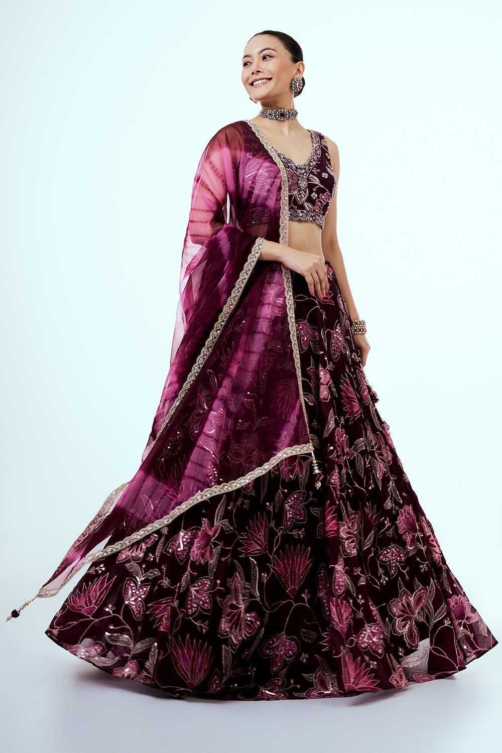Purple Floral Printed Organza Lehenga with Hand Work