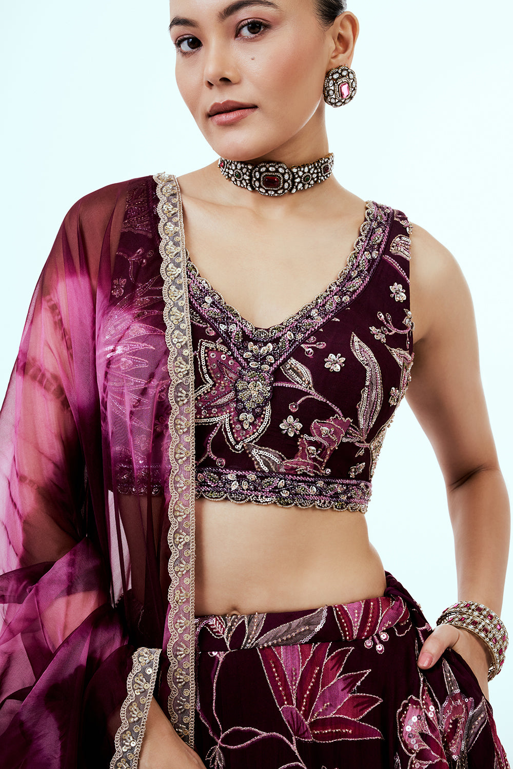 Purple Floral Printed Organza Lehenga with Hand Work