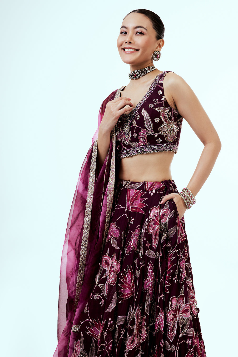 Purple Floral Printed Organza Lehenga with Hand Work