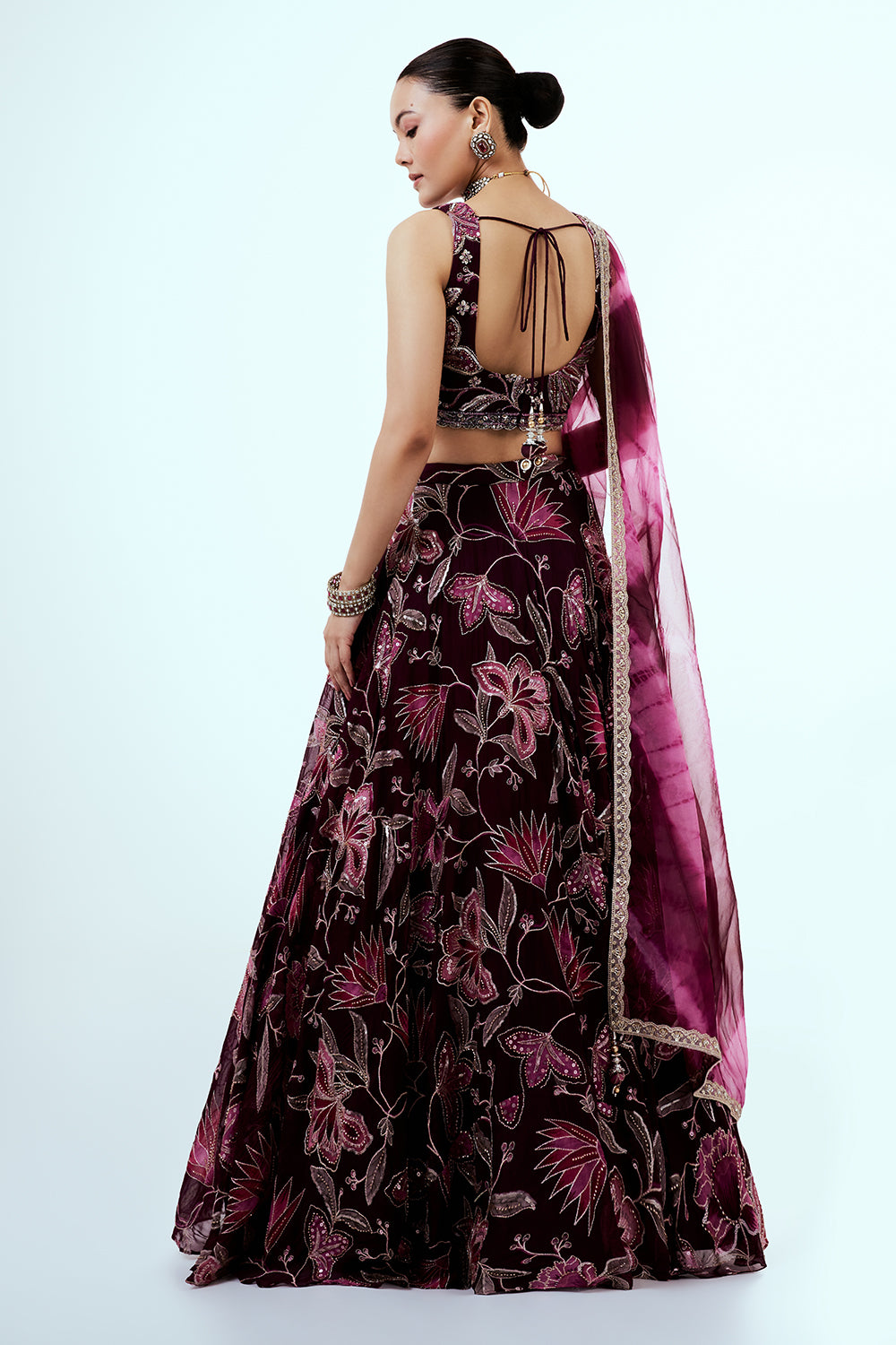 Purple Floral Printed Organza Lehenga with Hand Work
