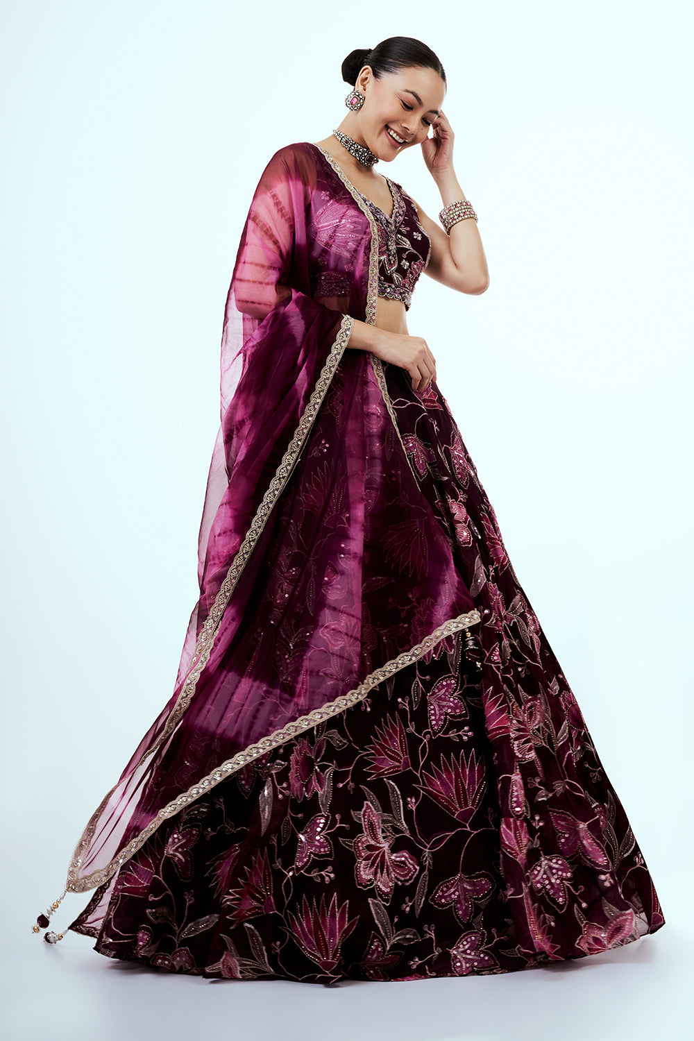 Purple Floral Printed Organza Lehenga with Hand Work