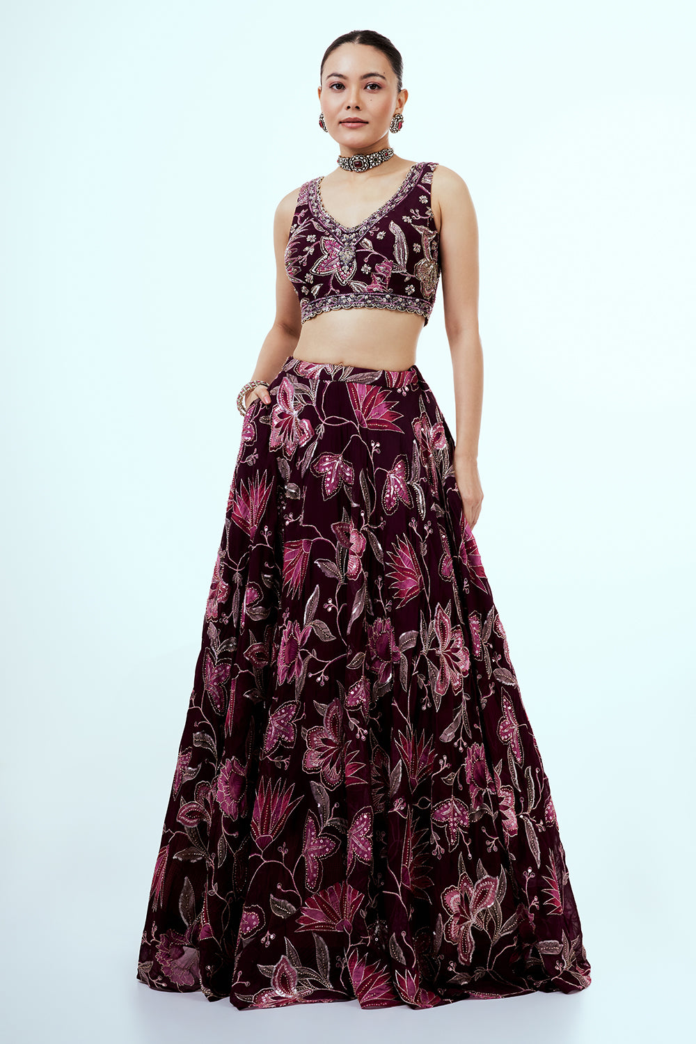 Purple Floral Printed Organza Lehenga with Hand Work
