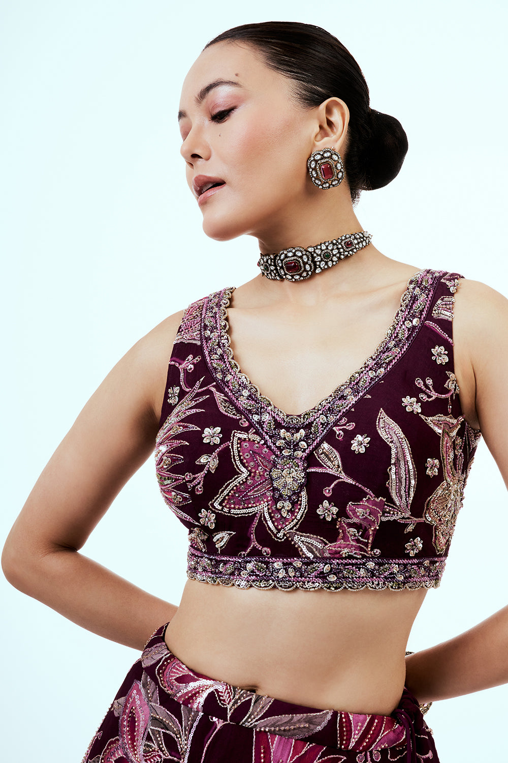 Purple Floral Printed Organza Lehenga with Hand Work