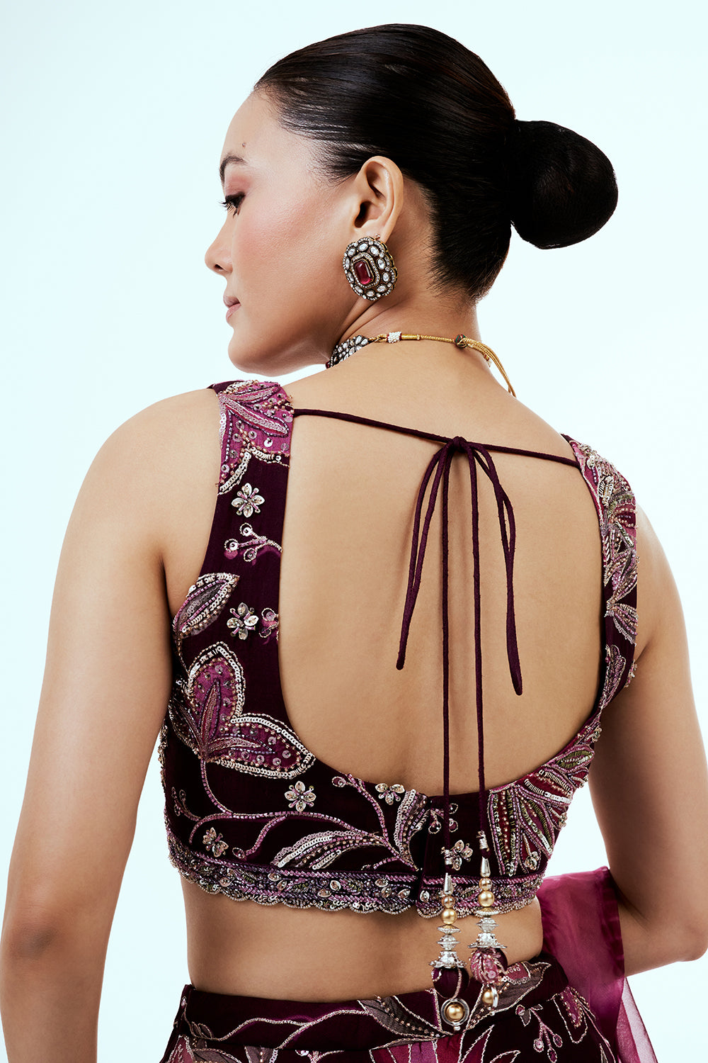 Purple Floral Printed Organza Lehenga with Hand Work
