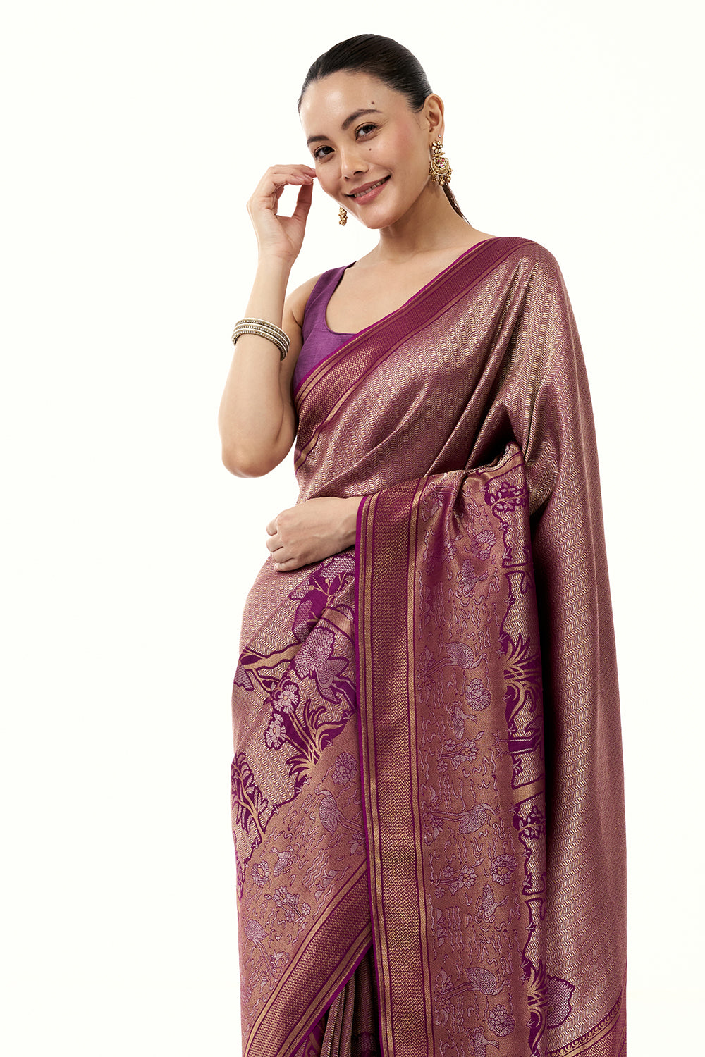 Purple Jacquard Silk Woven Saree with Nature Inspired Motifs