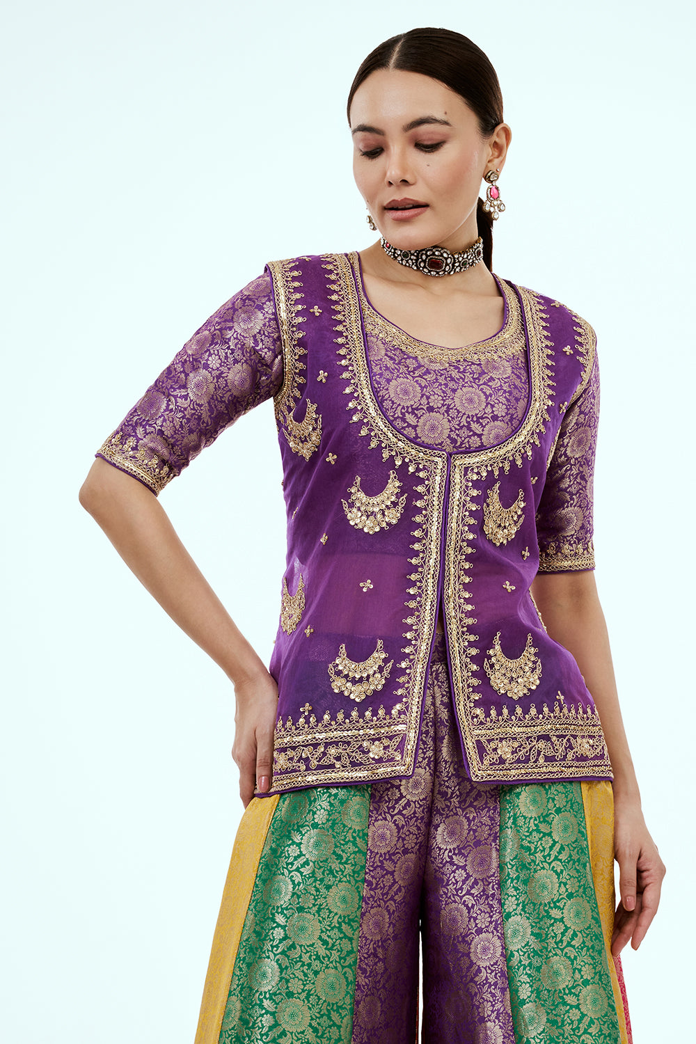 Purple Organza Suit Set with Zardosi Work and Multicoloured Brocade Pants