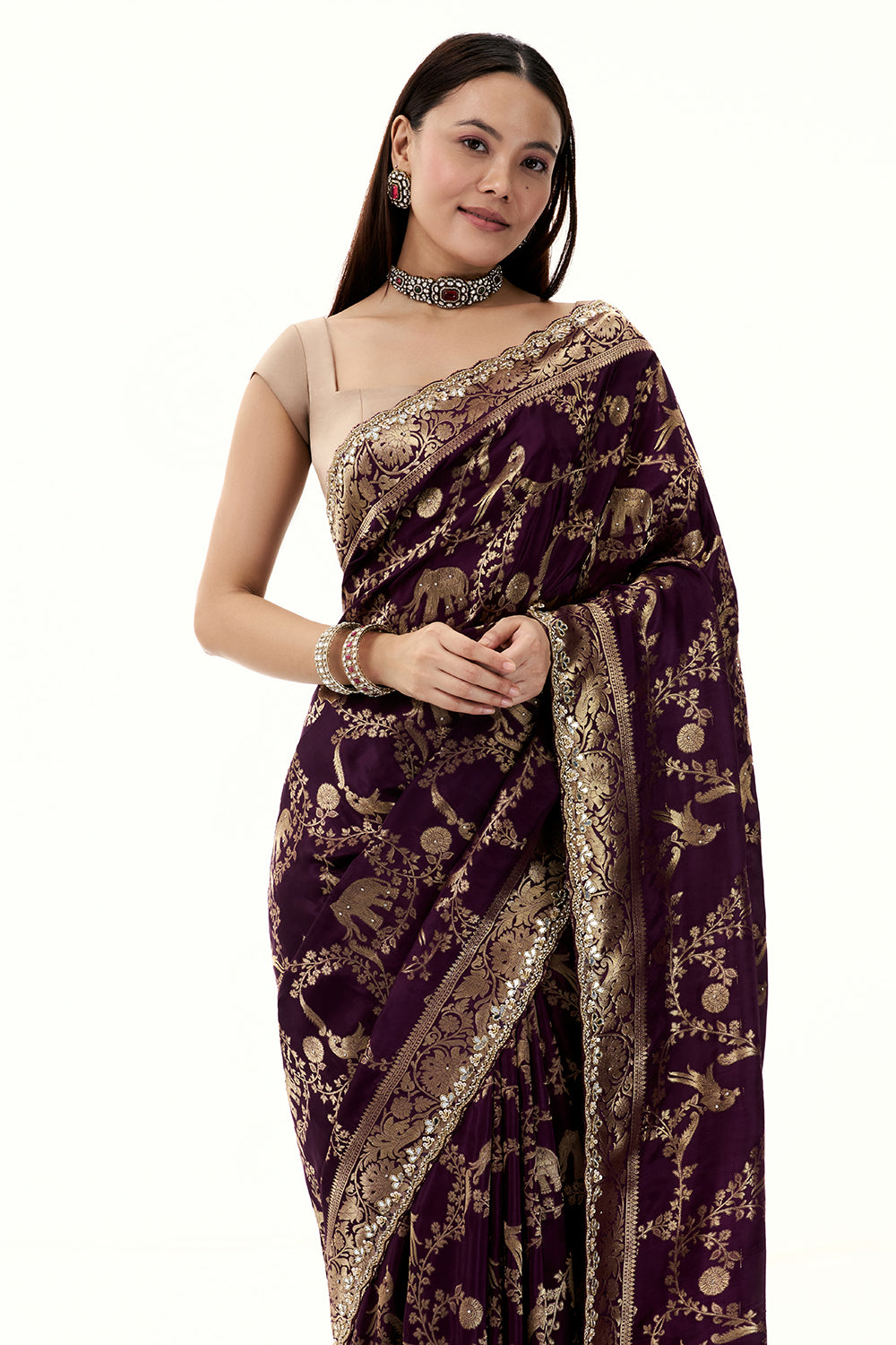Purple Woven Banarasi Brocade Saree with Mirror and Cutdana Work