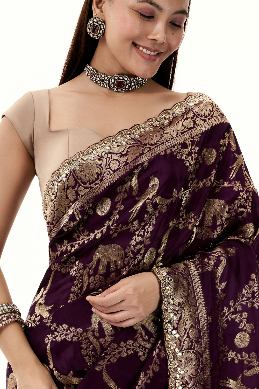 Purple Woven Banarasi Brocade Saree with Mirror and Cutdana Work