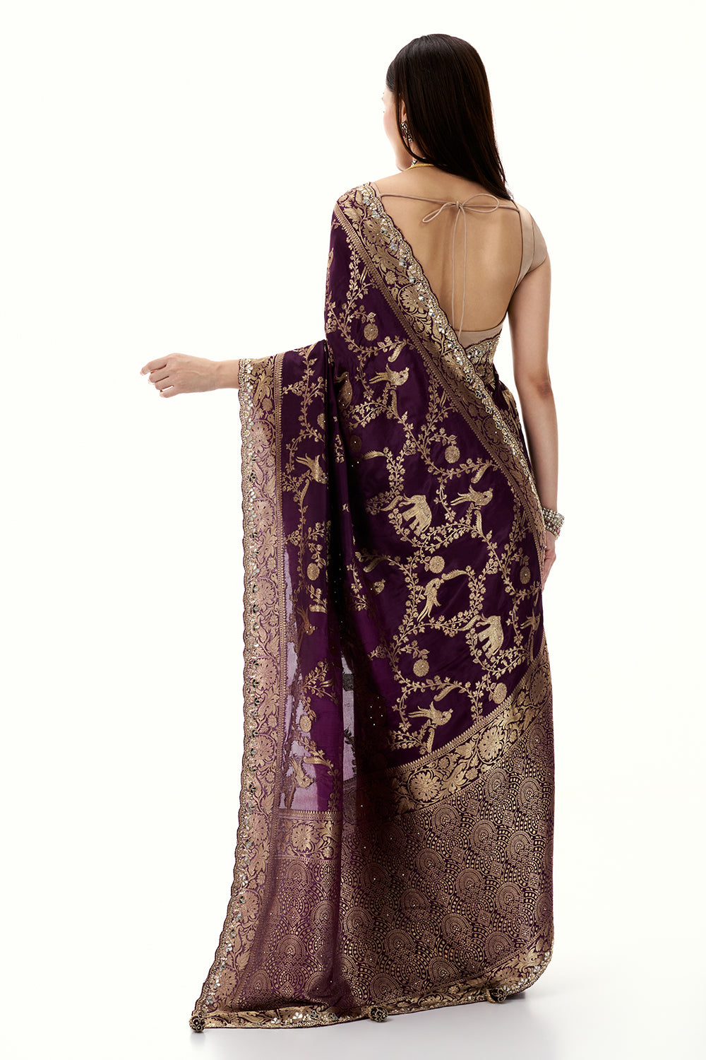 Purple Woven Banarasi Brocade Saree with Mirror and Cutdana Work