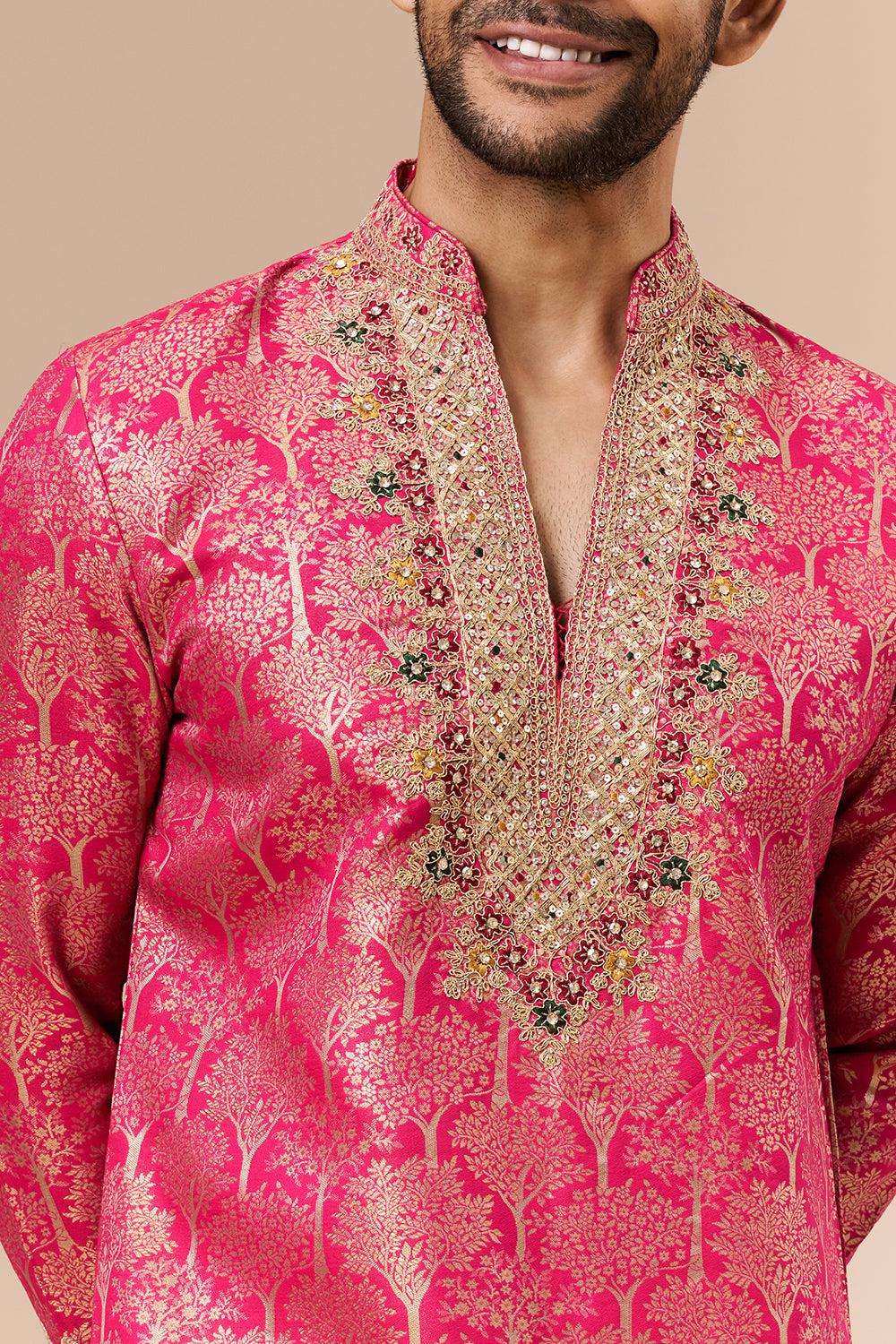 Rani Pink Brocade Silk Mens Kurta Set with Zari and Sequin Work