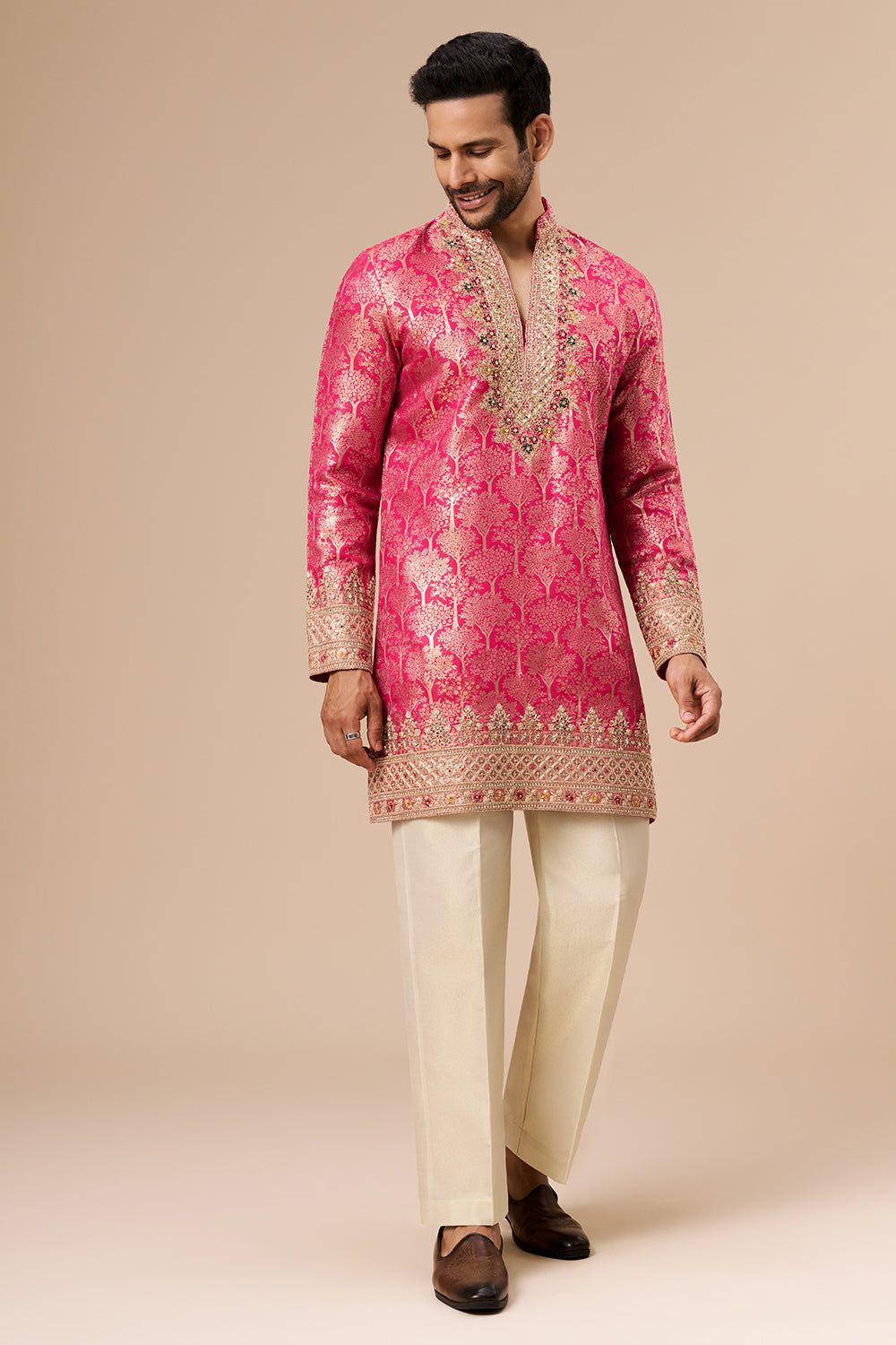 Rani Pink Brocade Silk Mens Kurta Set with Zari and Sequin Work