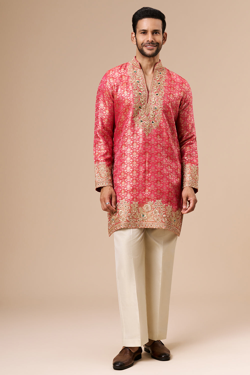 Rani Pink Brocade Silk Mens Kurta Set with Zari Work