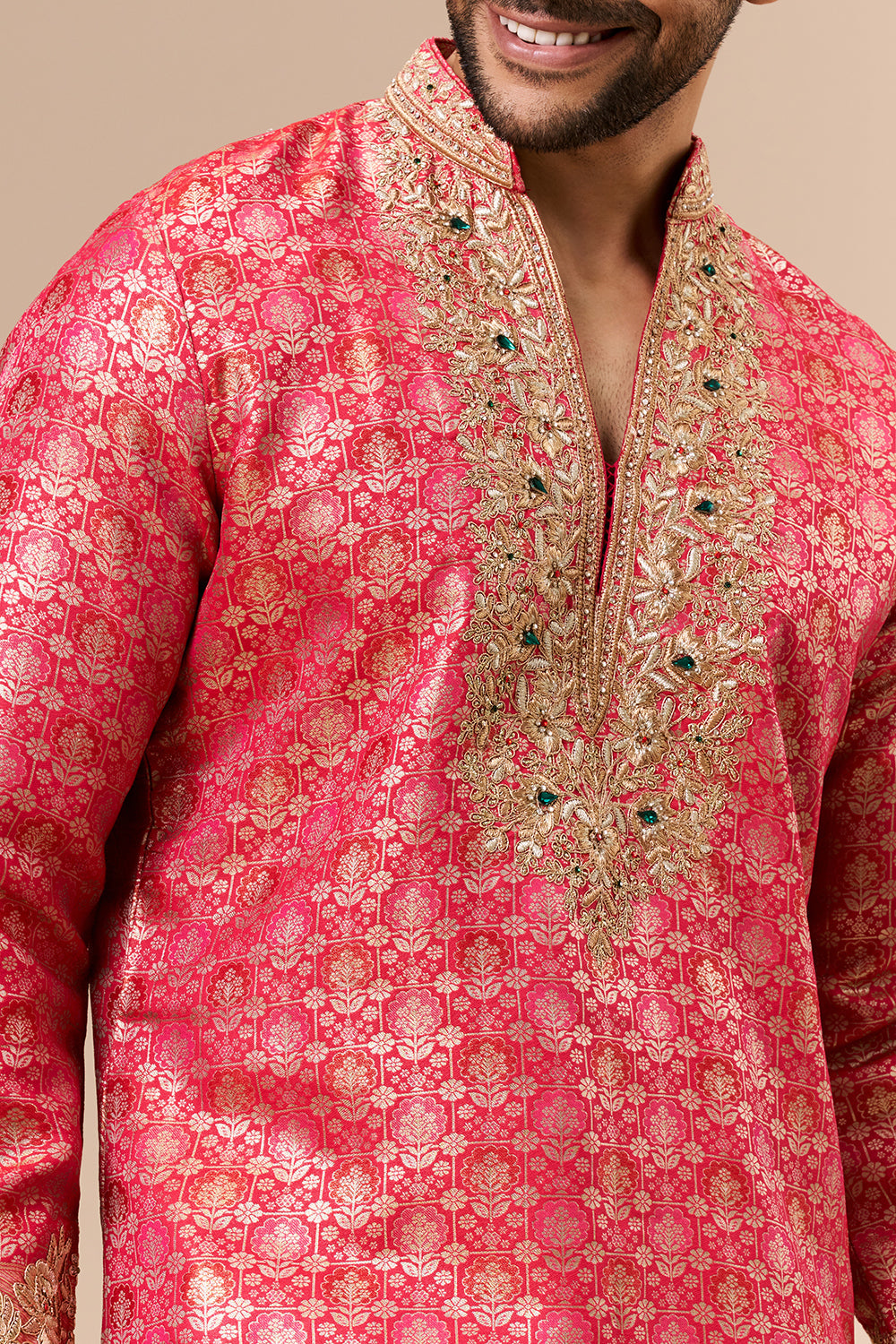 Rani Pink Brocade Silk Mens Kurta Set with Zari Work