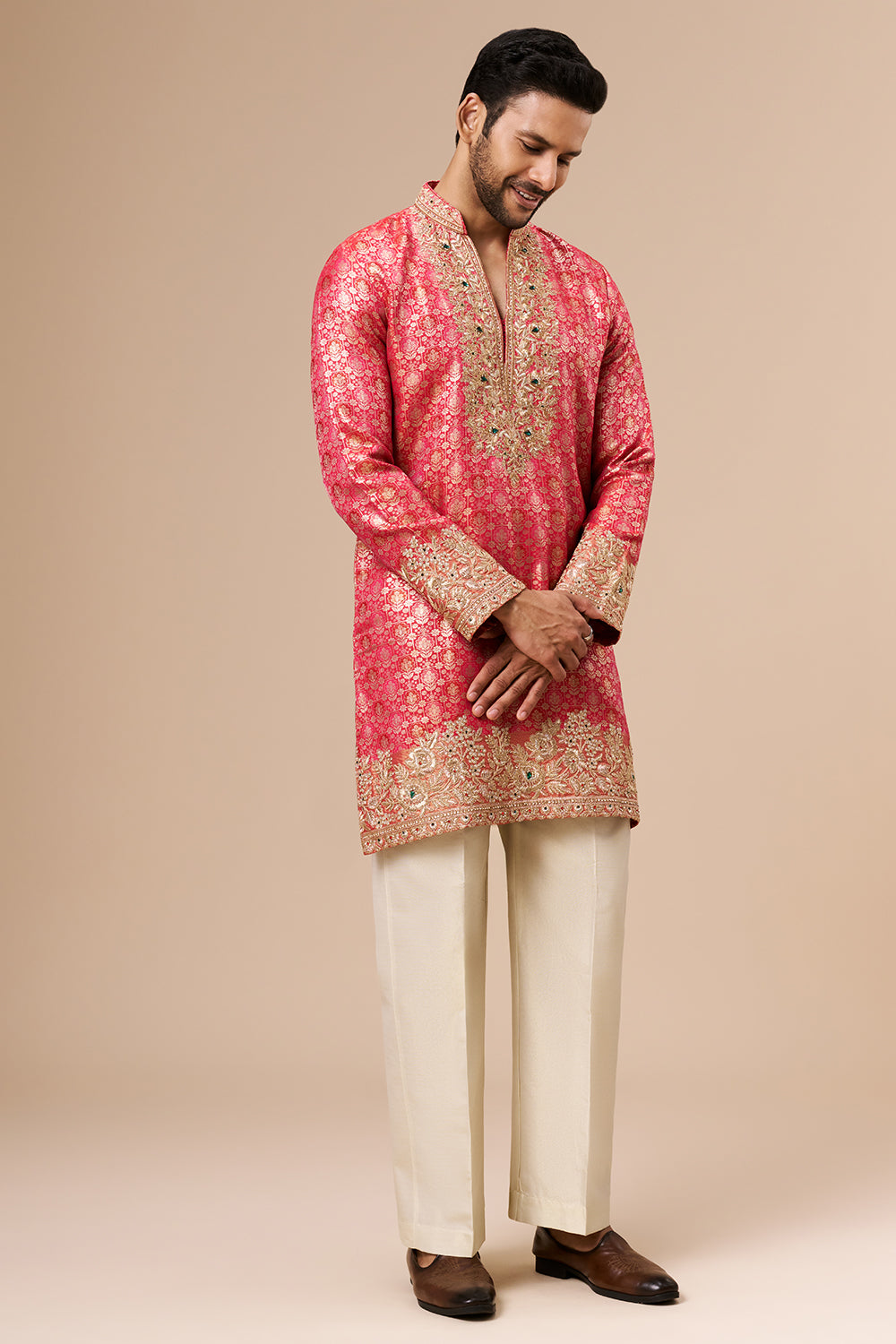 Rani Pink Brocade Silk Mens Kurta Set with Zari Work