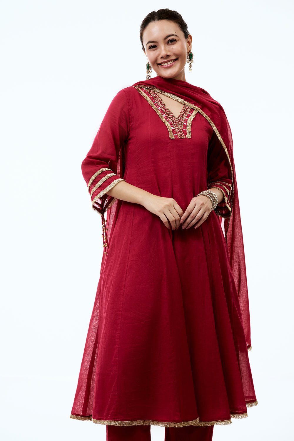 Rani Pink Cotton Semi-Anarkali Set with Gold Beads and Resham Embroidery