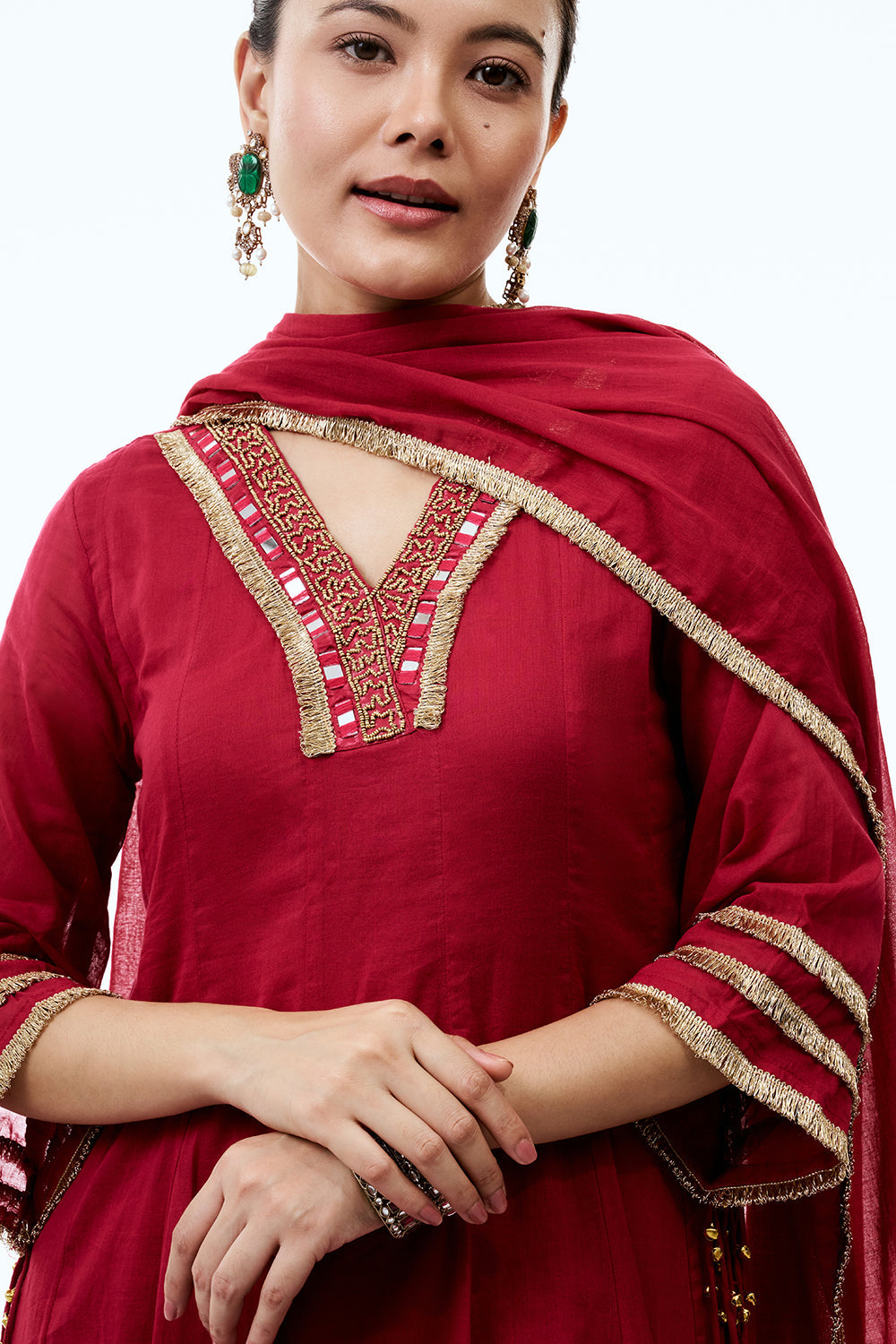 Rani Pink Cotton Semi-Anarkali Set with Gold Beads and Resham Embroidery