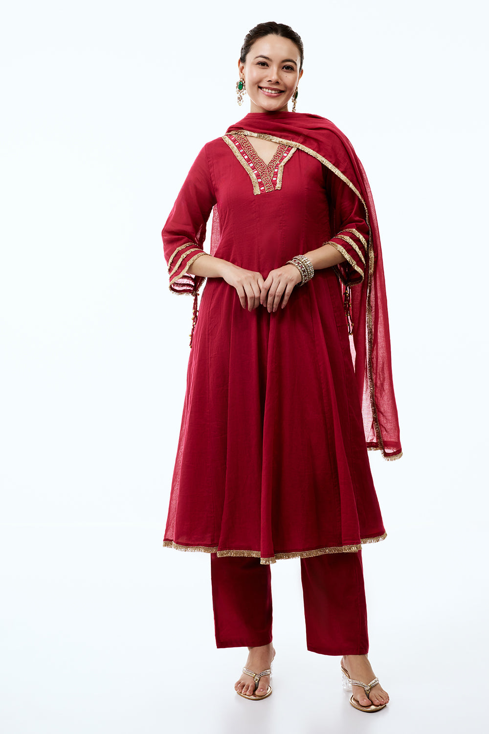 Rani Pink Cotton Semi-Anarkali Set with Gold Beads and Resham Embroidery