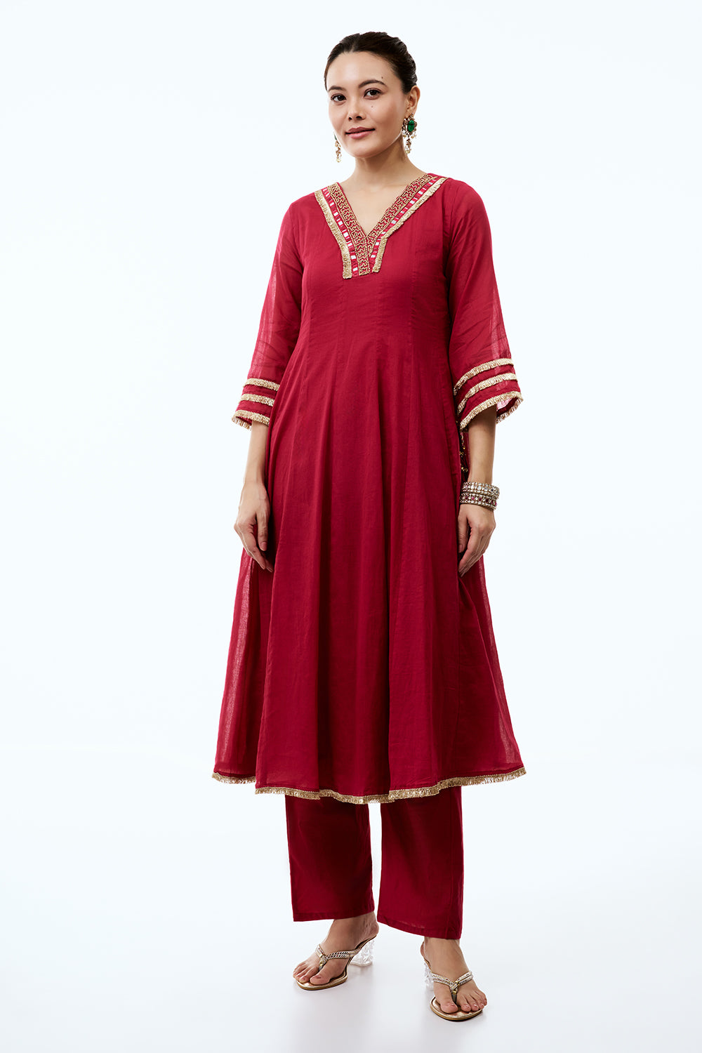 Rani Pink Cotton Semi-Anarkali Set with Gold Beads and Resham Embroidery
