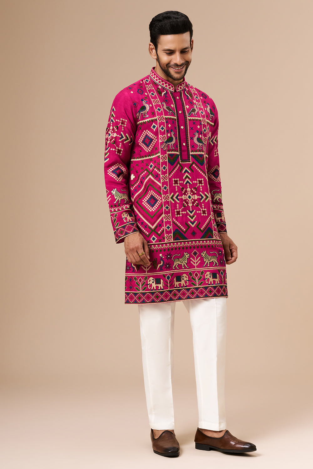 Rani Pink Cotton Silk Mens Kurta Set with Multicolour Thread Work