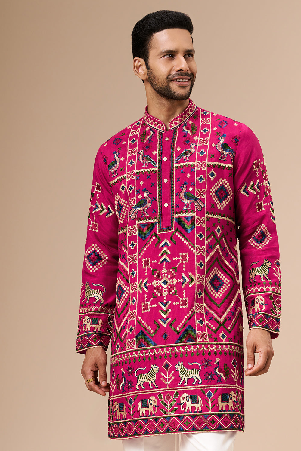 Rani Pink Cotton Silk Mens Kurta Set with Multicolour Thread Work