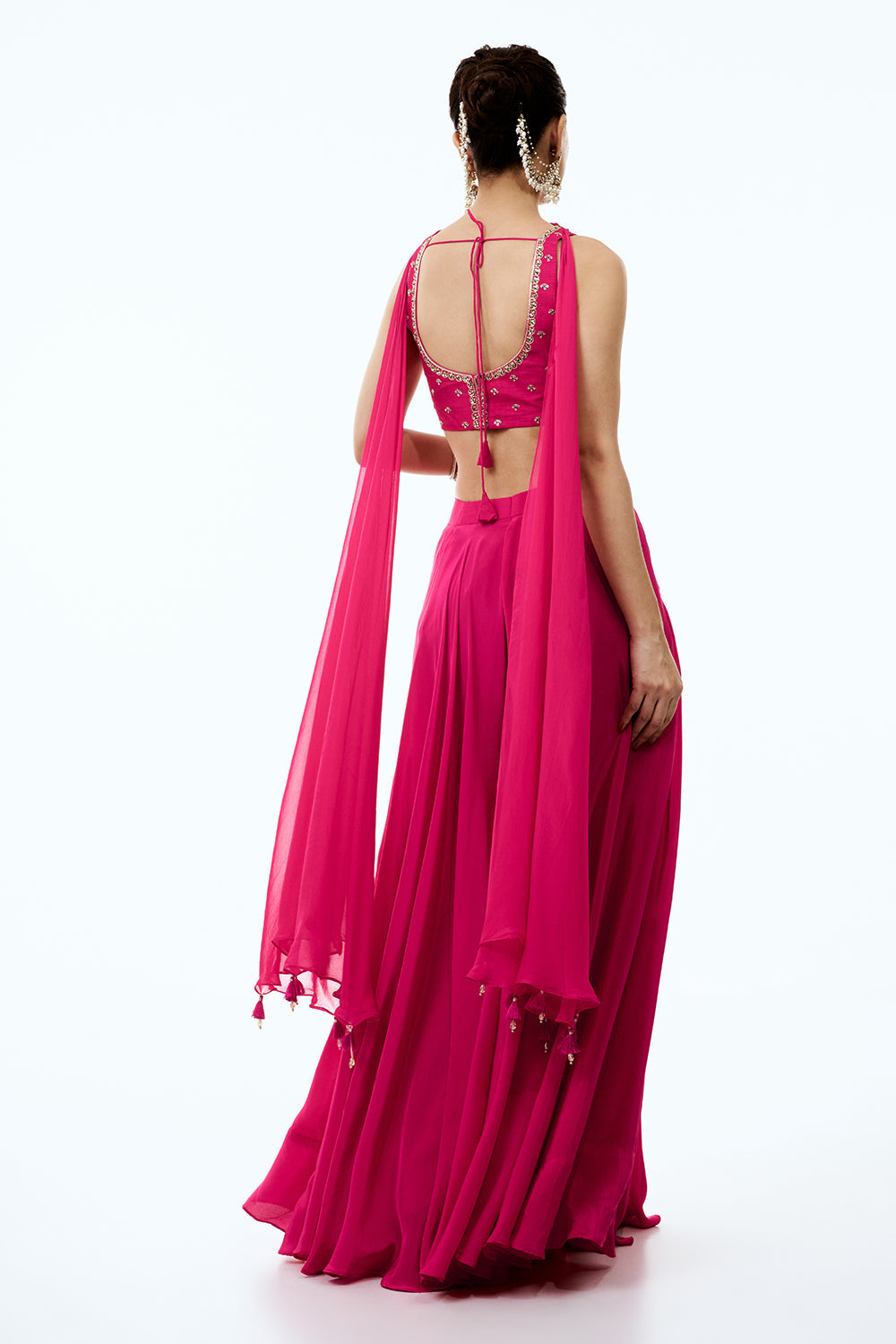 Rani Pink Crepe Assymetrical Indo Western Set with Pearl and Zardosi Work