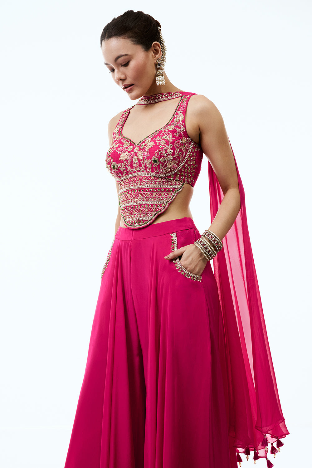 Rani Pink Crepe Assymetrical Indo Western Set with Pearl and Zardosi Work