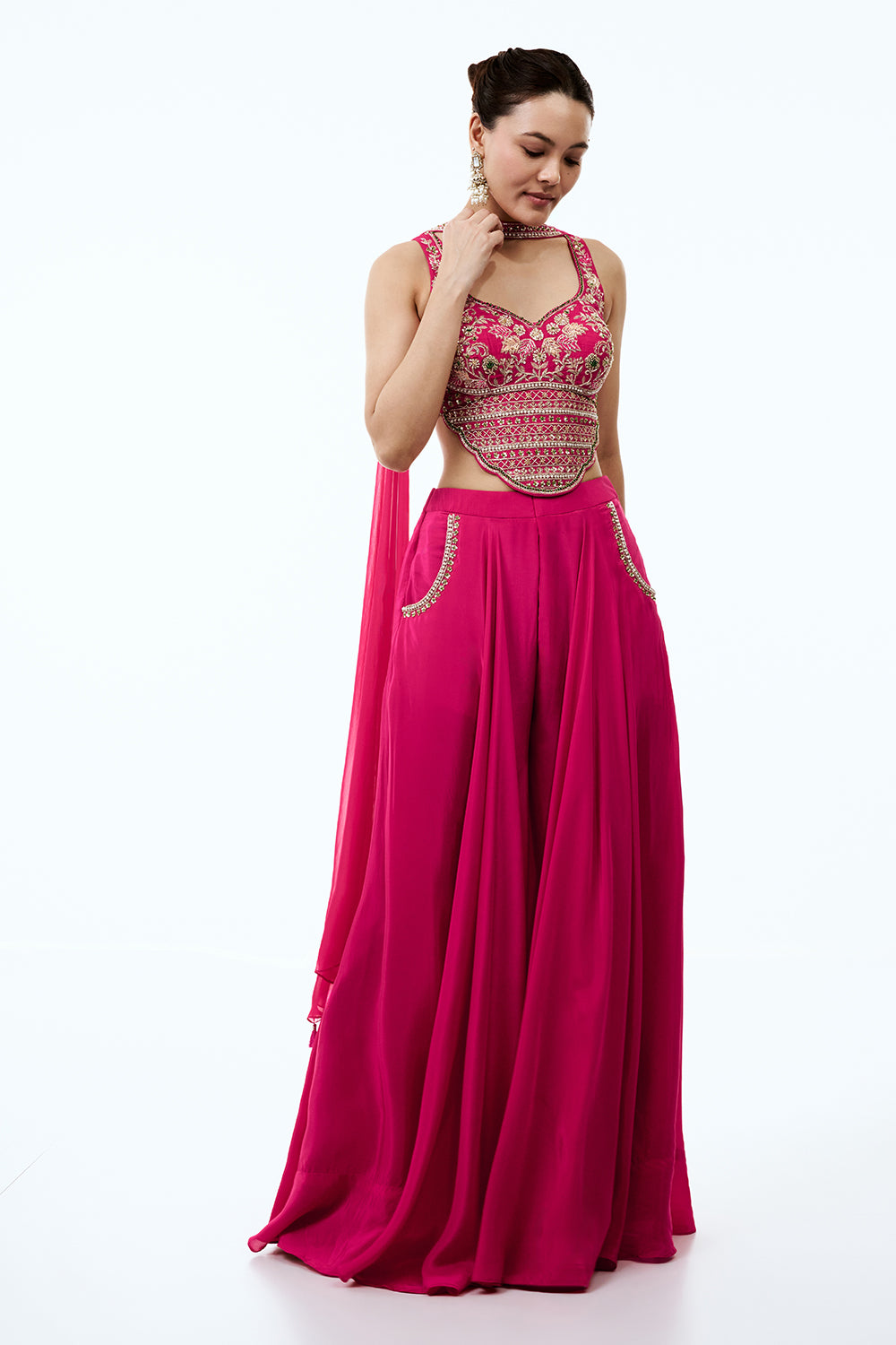 Rani Pink Crepe Assymetrical Indo Western Set with Pearl and Zardosi Work