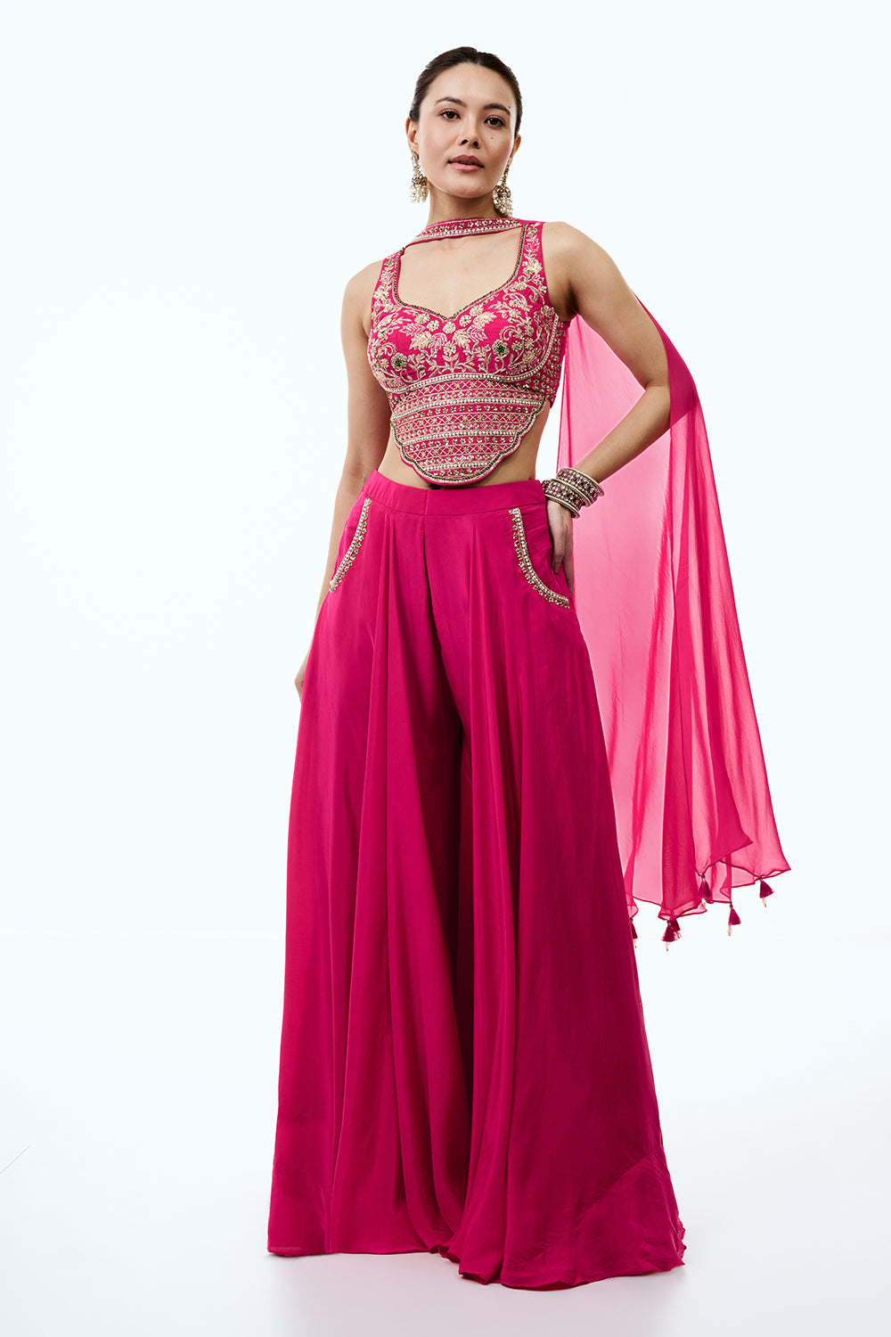 Rani Pink Crepe Assymetrical Indo Western Set with Pearl and Zardosi Work