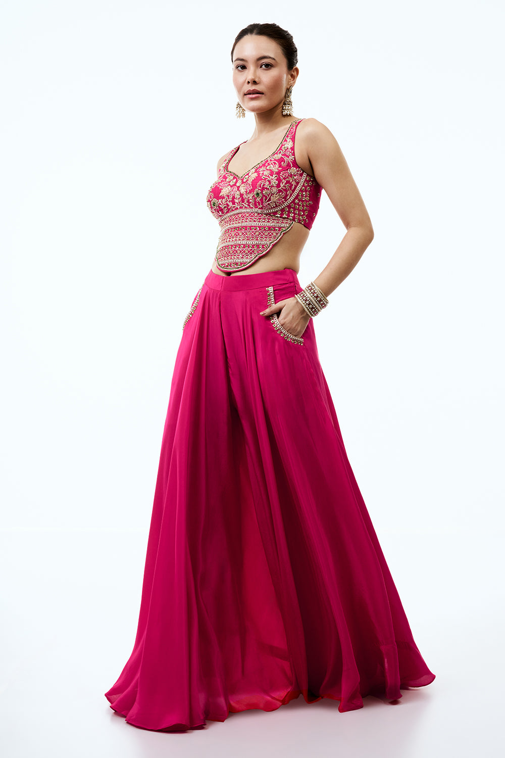 Rani Pink Crepe Assymetrical Indo Western Set with Pearl and Zardosi Work